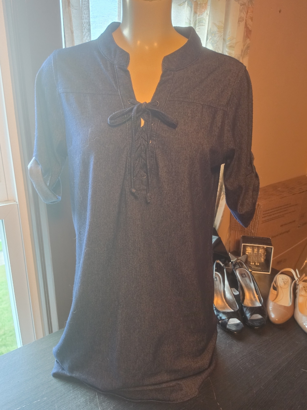 Bobbie Brooks Navy Lace-Up Short Sleeve Dress